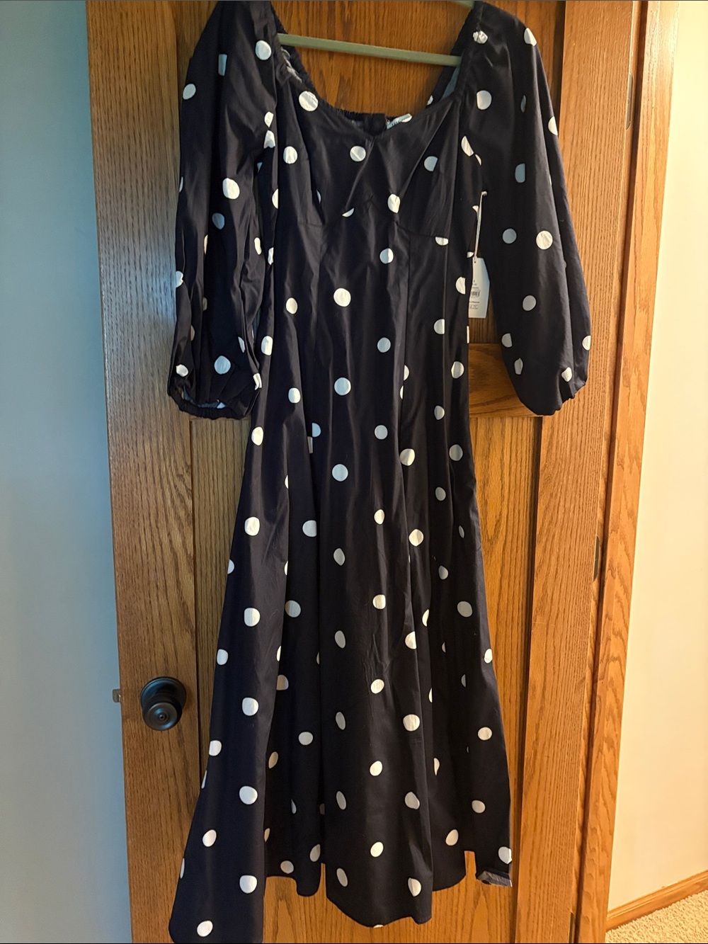 Classic Navy Polka Dot Midi Dress with Puff Sleeves